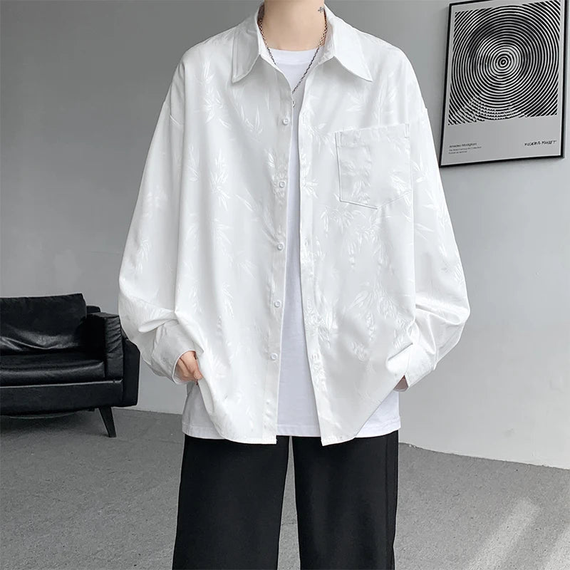 Threebooy Casual Shirt for Men Ice Silk Bamboo Leaf Long Sleeve Shirt Harajuku Top Quality Loose Drape Black White Japanese Streetwear