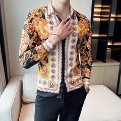 Threebooy Luxury Paisley Gold Printed Shirt Men's Royal Club Clothing Korean Men's Long Sleeve Slim Long Sleeve Shirt Tuxedo Shirt