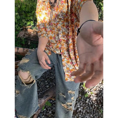 Threebooy  Retro Floral Boyfriend Summer New Patchwork Shirt Collar Button Comfortable and Loose All Match Casual Short Sleeved Shirts