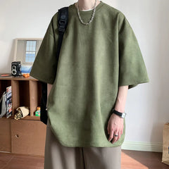 Threebooy  Summer Short Sleeved T-shirt Men Fashion Solid Color Round Neck T Shirt Men Streetwear Loose Suede Tshirt Mens Top M-3XL