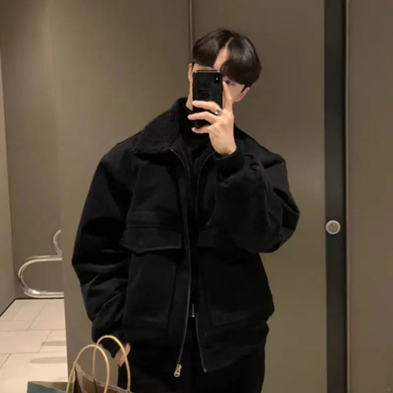 Threebooy Lamb Coat Men's Winter Velvet Thickened Short Autumn High Street Jacket Turndown Colllar Long Sleeves Zipper Pockets Jackets