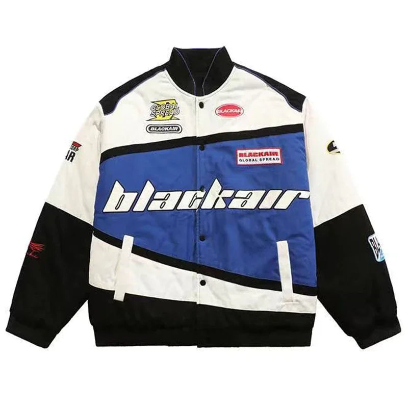 Threebooy Motorcycle Baseball Jackets Men Y2K Harajuku Letter Embroidery Patchwork Coats Vintage Hip Hop Streetwear Varsity Jacket Unisex