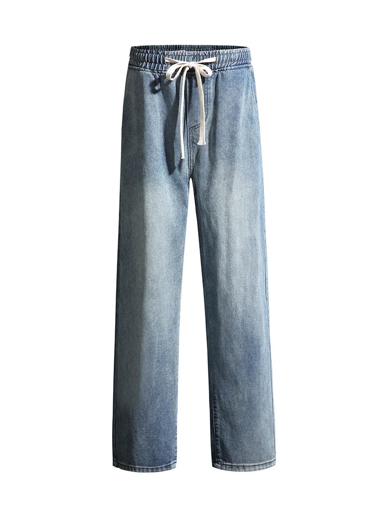 Threebooy  Men's Spring Summer Semi-Wide Leg Jeans Korean Fashion Washed Cotton Casual Denim Pants Black Blue Straight Trousers