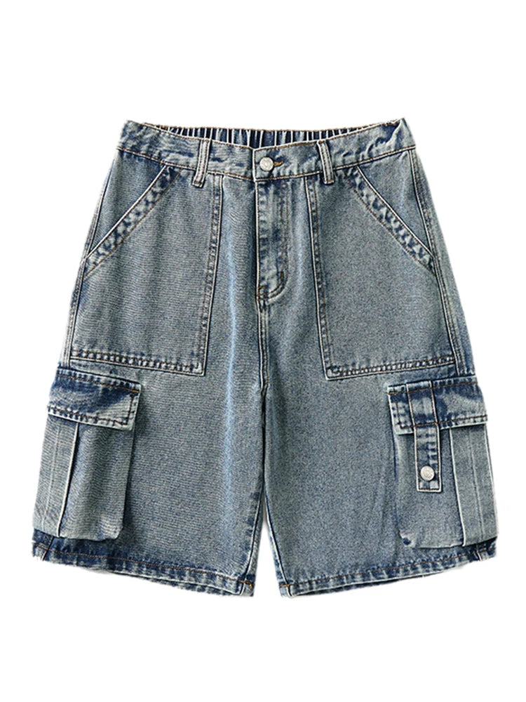 Threebooy  Summer Denim Cargo Shorts Men Flap Pockets Wide Leg Baggy Jeans Shorts Big Size 8XL 7XL 6XL Loose Fit Straight Jean Short Male