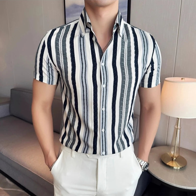 Threebooy  Summer New Korean Version Slim Fit Fashionable Color Striped Shirt Short Sleeved Fashionable Social Business Casual Shirt