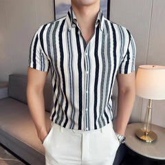 Threebooy  Summer New Korean Version Slim Fit Fashionable Color Striped Shirt Short Sleeved Fashionable Social Business Casual Shirt