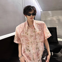 Threebooy Pink Butterfly Tassel Shirt Men Front Pocket Summer Loose Casual Floral Short Sleeve Shirts Oversize Streetwear Boy Girl Blouses