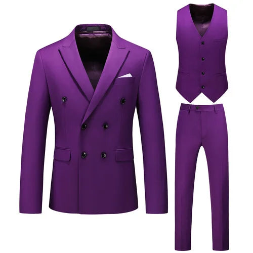 Threebooy (Jackets+Vest+Pants) Double Breasted Tuxedo Suit Men Business Work Wedding Formal Sets Solid Blazers Slim Korean Clothing S-6XL