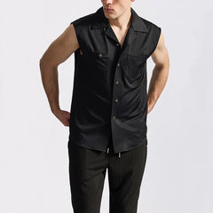 Threebooy  New Summer Men's Sleeveless Shirt Solid Color Pocket Single Breasted Nightclub Shirts Male Streetwear