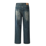 Threebooy Vintage Blue Jeans for Men Y2K Make Old Wash Straight-leg Pants with Button Pockets Trousers Loose A154