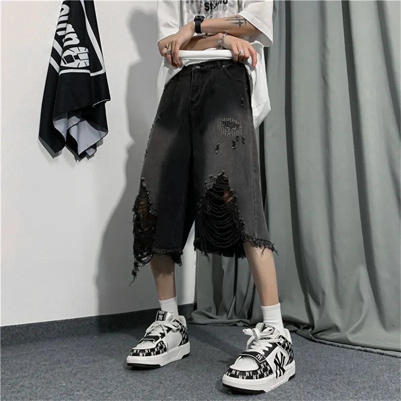 Threebooy New Style Ripped Denim Shorts Men's Clothing 2024 Summer Five-point Korean Casual Youth Straight Trousers Boutique Clothing