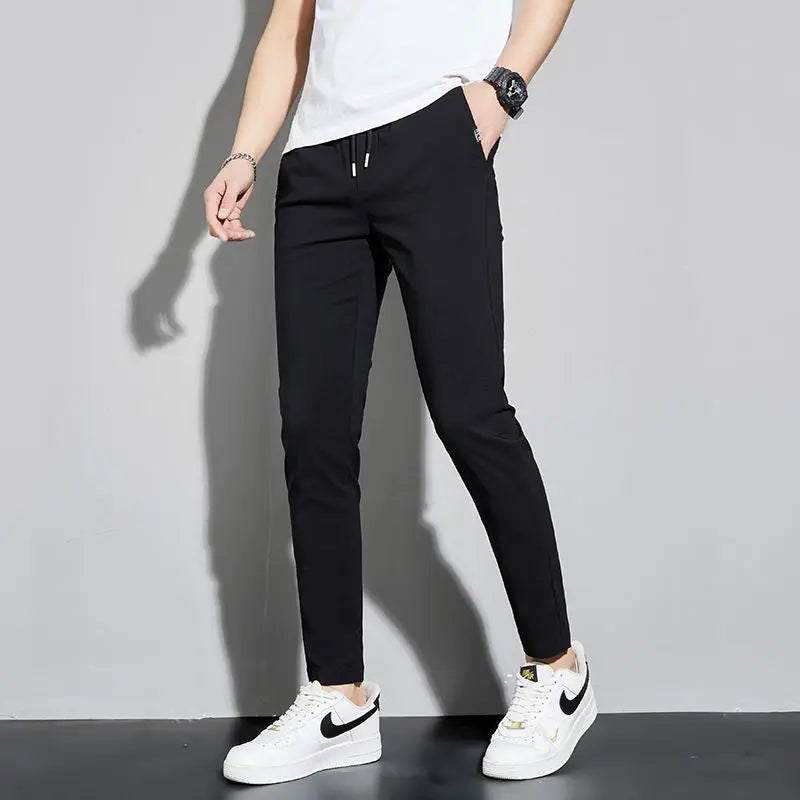 Threebooy  Ice Silk Trousers Trendy Straight Nine-point Men's Korean Casual Pants Slim Thin Pants Summer Small Feet New Style