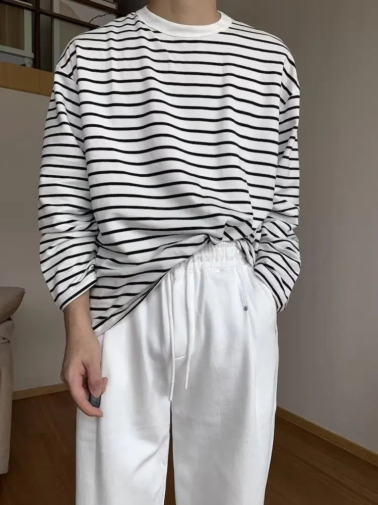 Threebooy  Loose Fit Men's Stripe Sweatirt Long Sve T-irt Comfortable Breathable Youthful Sle Fall Faion Casual Wear