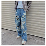 Threebooy American Style Streetwear Washed Torn Jeans For Men And Women's Street Hip-Hop Loose Wide Leg Straight Leg Pants Fashion Style