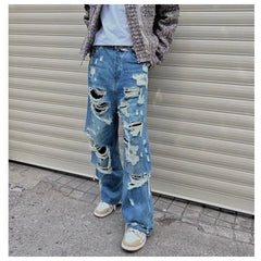 Threebooy American Style Streetwear Washed Torn Jeans For Men And Women's Street Hip-Hop Loose Wide Leg Straight Leg Pants Fashion Style