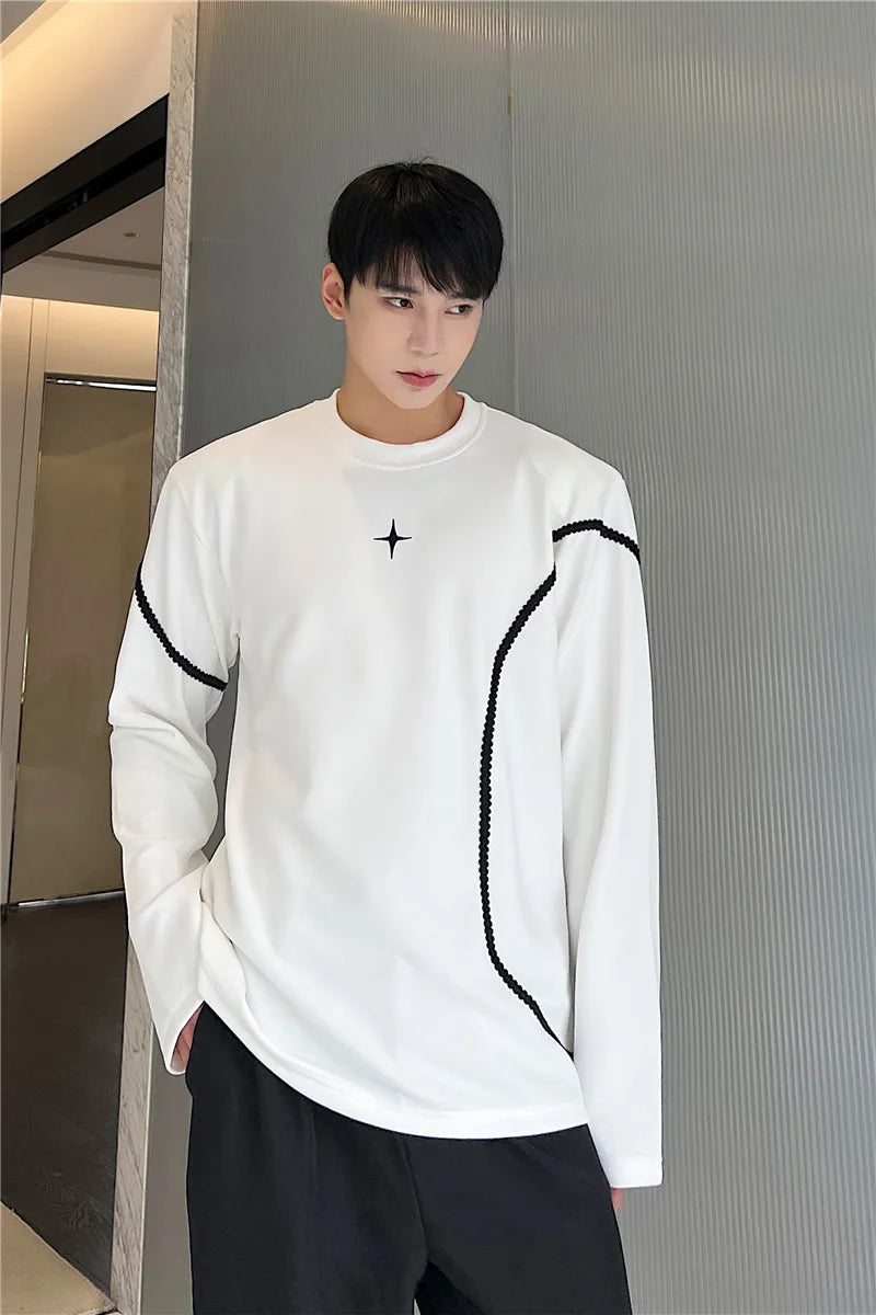 Threebooy harajuku Spring Autumn Men Clothing Long Sleeve Embroidery Shoulder Pad T-shirt Round Collar Casual T Shirts Tops For Male