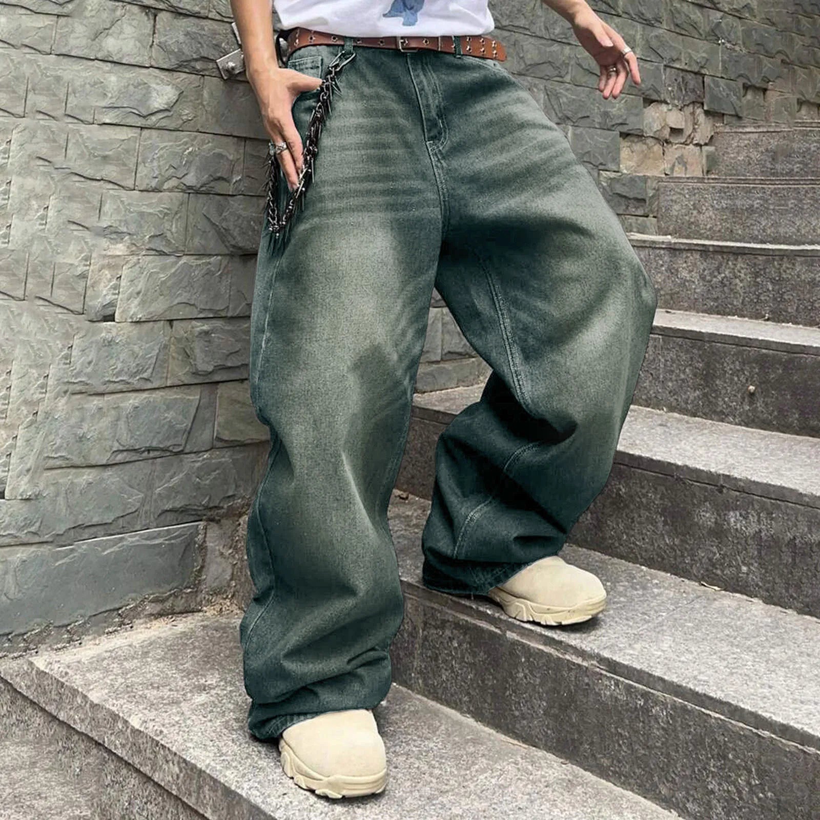 Threebooy Men Baggy Denim Pants Wide Leg High Waist Belt Casual Trousers Loose Plus Size Stylish Streetwear Men's Hip Hop Streetwear