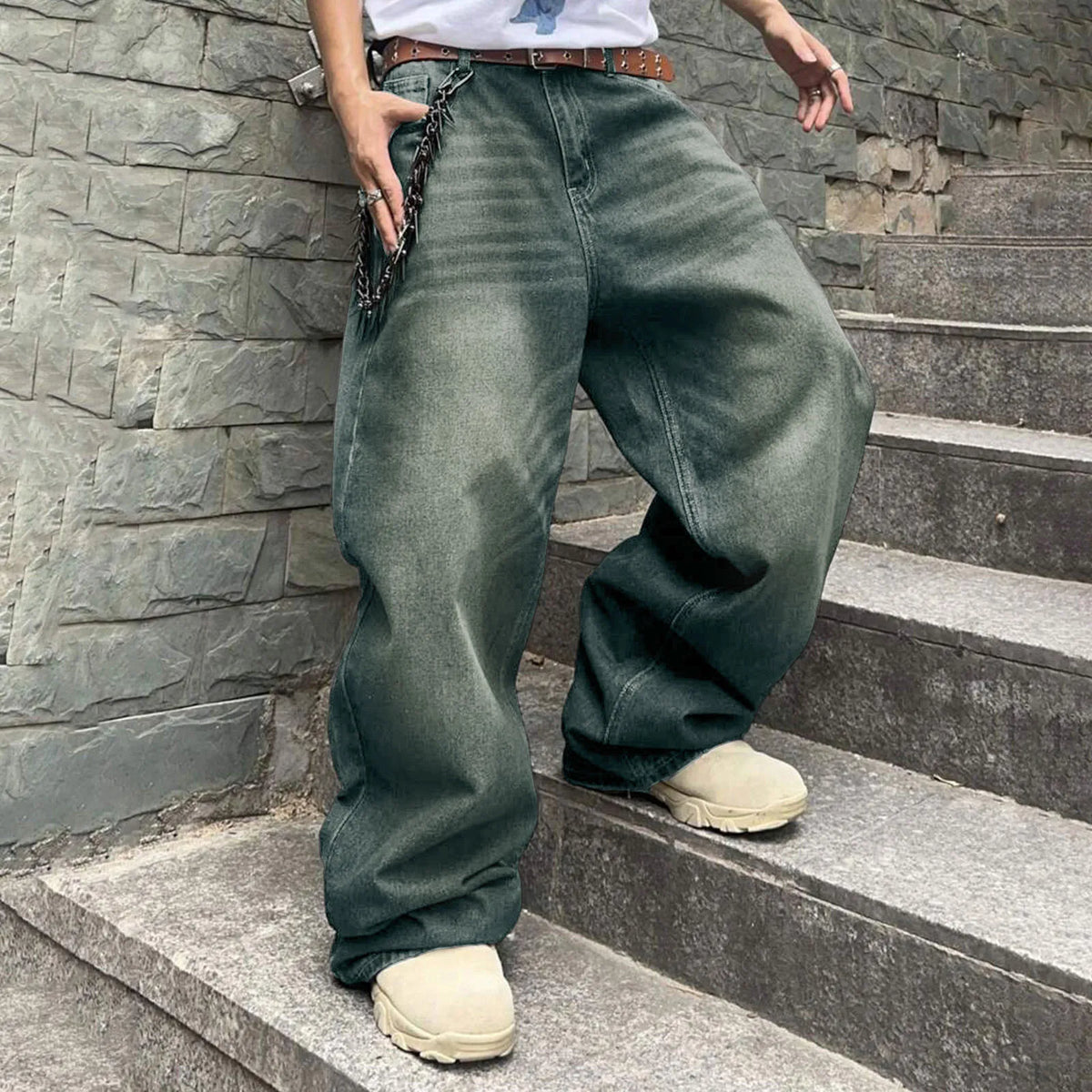Threebooy Men Baggy Denim Pants Wide Leg High Waist Belt Casual Trousers Loose Plus Size Stylish Streetwear Men's Hip Hop Streetwear