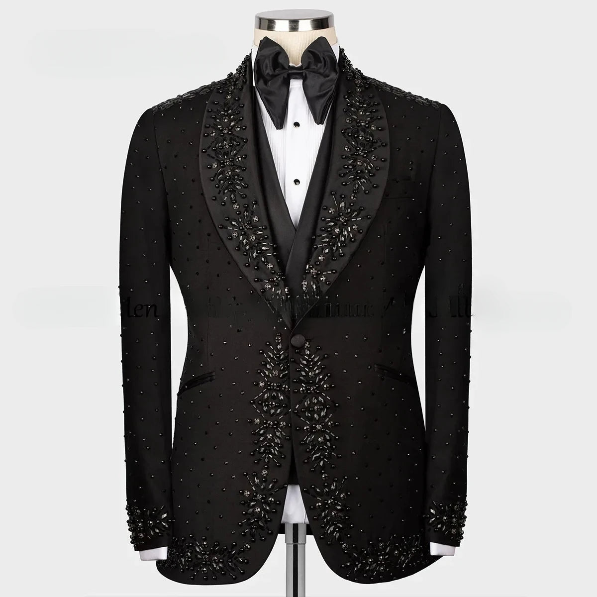 Threebooy  Men 2 Pieces Sets Suits Beaded Crystals Single Breasted Groom Wedding Tuxedo Prom Customized Costume Homme