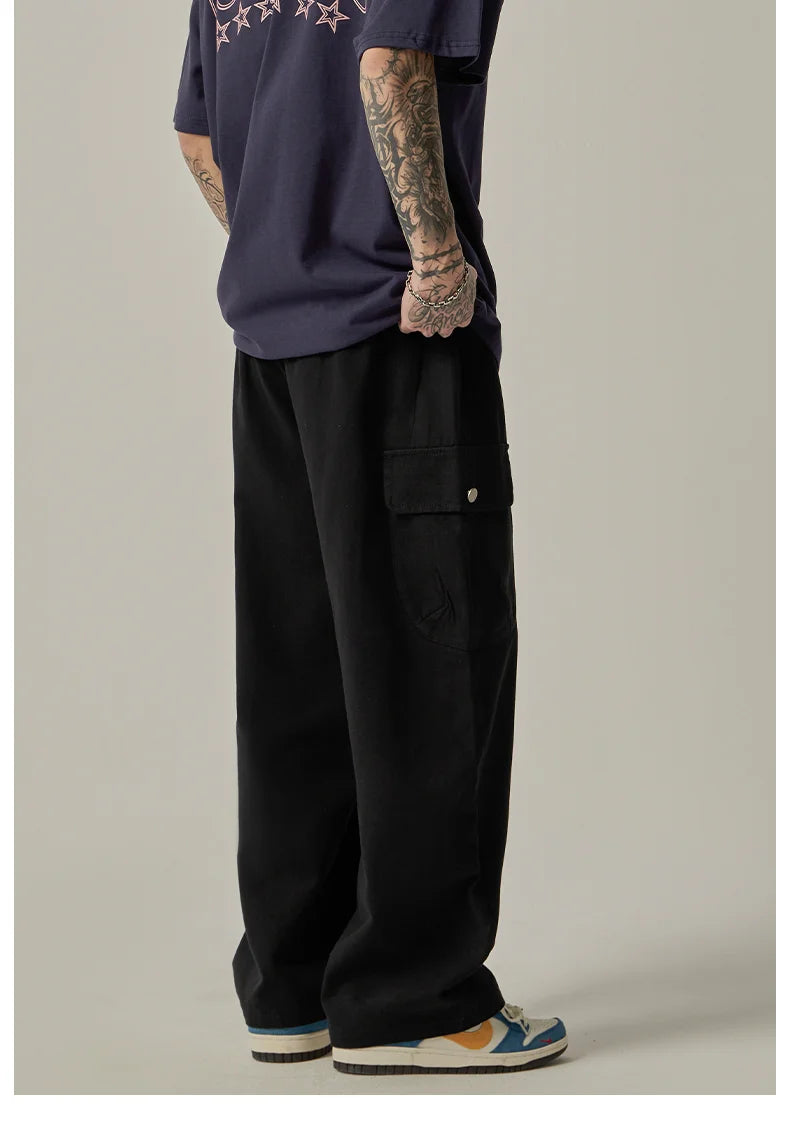 Threebooy Men's Sweatpants 2025 Spring Autumn Vintage Japanese Wide Leg Straight Loose Button Big Pockets Cargo Pants Drawstring Trousers