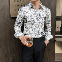 Threebooy  Spring Summer 3D Floral Shirts Men Korean Long Sleeved Casual Business Shirt Handsome Versatile Daily Beach Vacation Shirt
