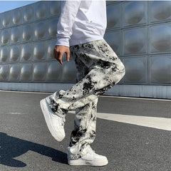 Threebooy Mens Fashion Printed jeans Spring Mopping Trousers Jeans Korean Style High Street Loose Hip Hop Wide-leg Jean Pants