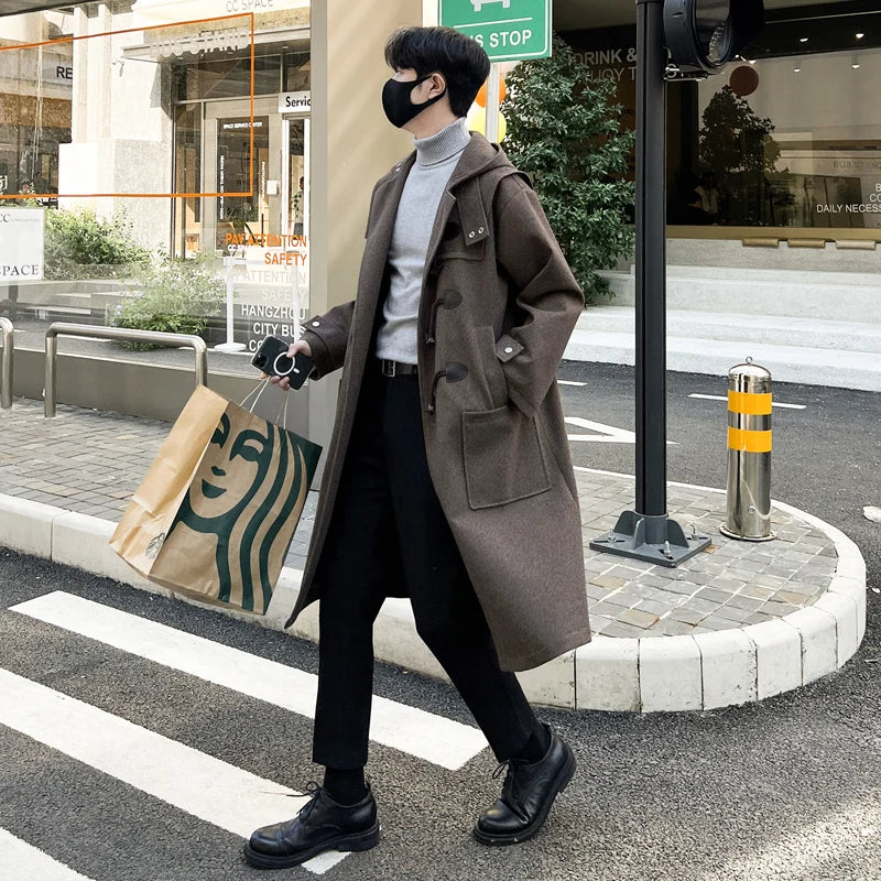 Threebooy Korean-style Woolen Trench Men Horn Button Casual Long Windbreaker Winter Hooded Jacket Coats Fashion Trenchcoat