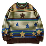 Threebooy Harajuku Men Vintage Sweater Striped Star Flocking Extra Large Knitted Sweater Autumn Street Wear Couple Pullover Unisex Winter