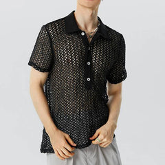 Threebooy  Summer Men's Clothing Knit Hollw Out Shirts Lapel Short Sleeve Mesh Sexy Button-down Solid Color Streetwear Party Knitwear S-3XL