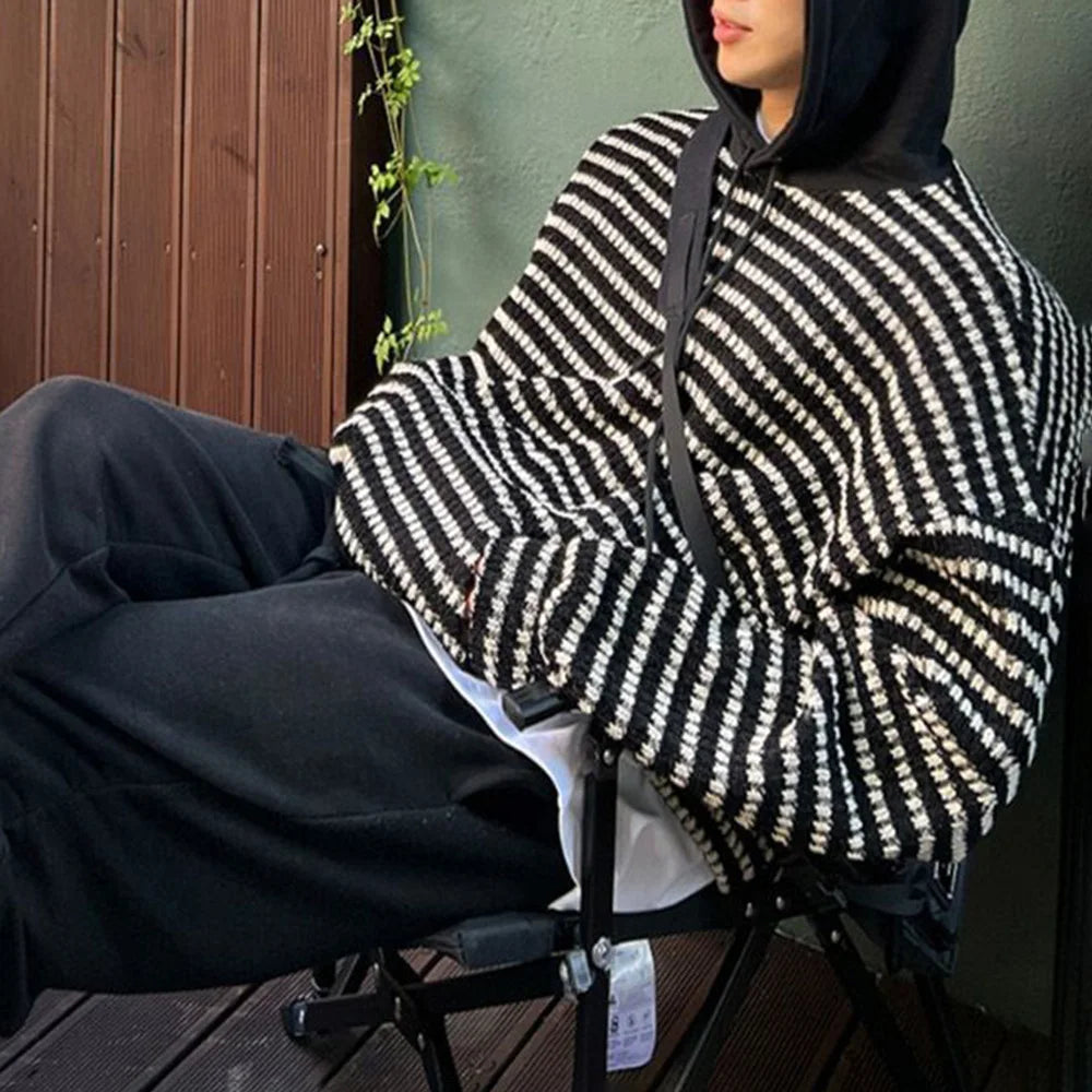 Threebooy New Y2k Striped Sweater Men'S Autumn And Winter Hooded Knitted Pullover Top Casual Loose Lazy Wind Men'S Coat