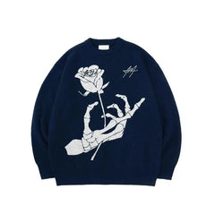 Threebooy Sweater Rose Skeleton Sweater Men's Autumn and Winter American Vintage Jacquard Loose and Lazy Couple Knitwear Men's and Women's