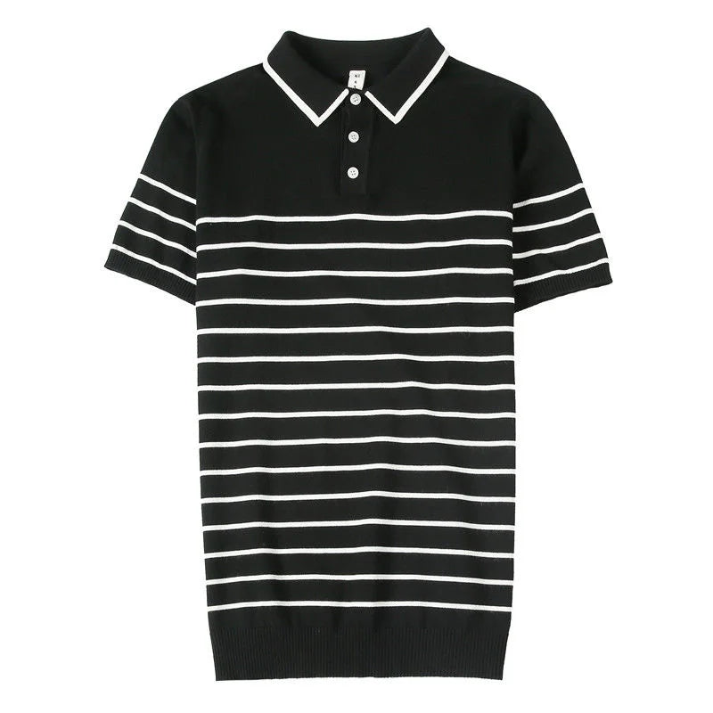 Threebooy Summer Men's Stripe Ice Silk Knitted Polo T-shirt Short Sleeve Casual Lapel Collar T Shirt Slim Fit White/black/khaki Tshirt