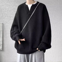 Threebooy  Autumn Men's Clean Fit V-Neck Base Sweater High Street Fashion Solid Color Loose Knitted Pullovers New Y2K Knitwear Jumpers