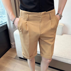 Threebooy British Style Summer Naples Straight Suit Shorts Men New Slim Fit Business Formal Knee Length Short Pants Hommes Streetwear