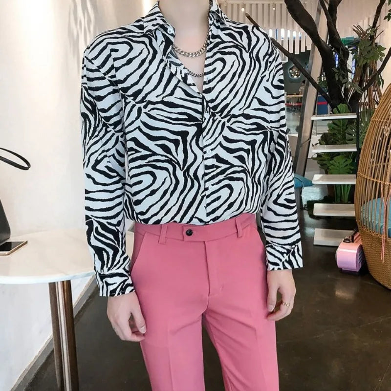 Threebooy  Korean Version Zebra-stripe Sense of Design Trend Handsome Loose Hipster Retro Versatile Sexy Men's Shirt Spring Autumn