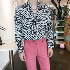 Threebooy  Korean Version Zebra-stripe Sense of Design Trend Handsome Loose Hipster Retro Versatile Sexy Men's Shirt Spring Autumn