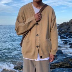 Threebooy  Loose Fit Long Sve V-Ne Knitted Cardigan Men's Autumn Winter Thiened Polyester Fiber Casual Sle Outerwear Coat