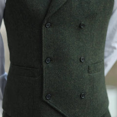 Threebooy  Men Vest Army Green Herringbone Double Button With Lapel Waistcoat For Wedding Business Office Work Daily Casual Men Suit Vest