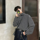 Threebooy High Necked T-shirt Men Slim Fit Fashion Black Casual T Shirt Men Streetwear Korean Long Sleeved T-shirt Mens Striped Tshirt