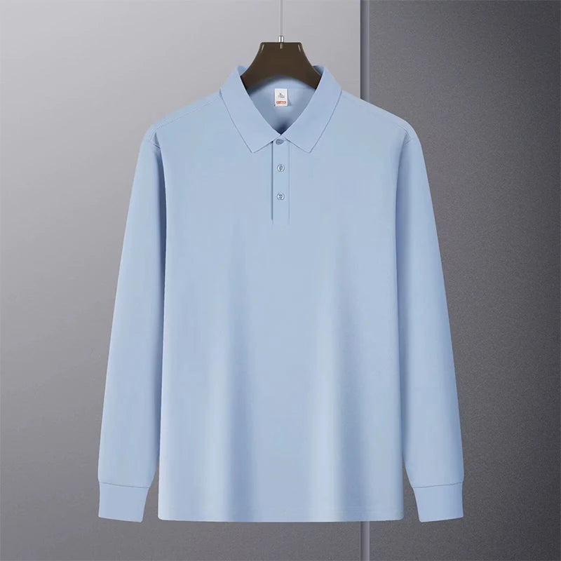 Threebooy  New American Retro Men Polo Shirt Light Luxury Solid Color Slim-fit Commuting Long Sleeve T-shirt Leisure Business Pullover Tops