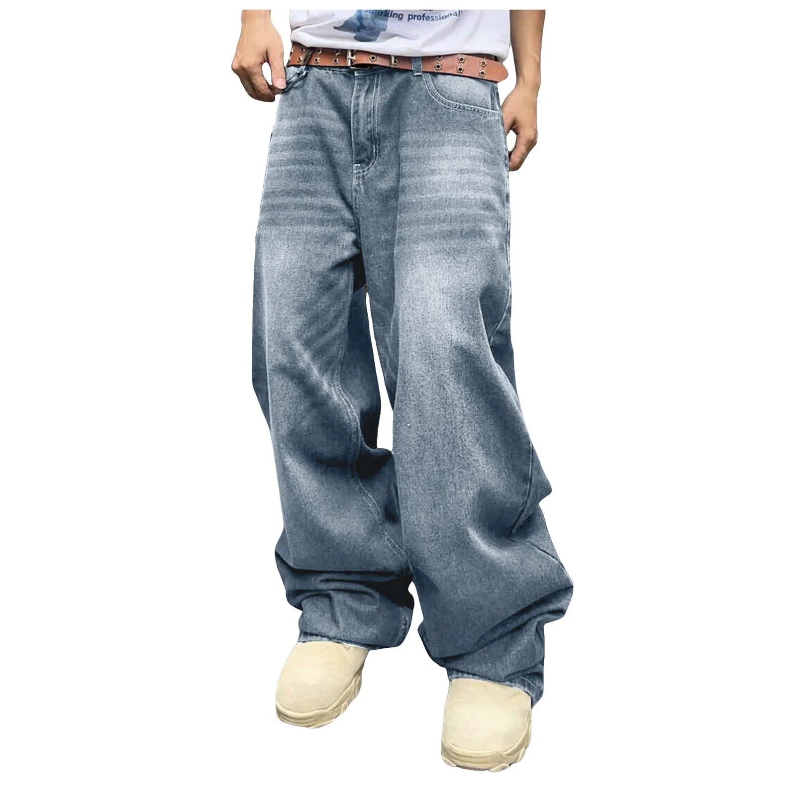 Threebooy Men Baggy Denim Pants Wide Leg High Waist Belt Casual Trousers Loose Plus Size Stylish Streetwear Men's Hip Hop Streetwear