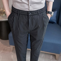 Threebooy British Style Men Business Stripe Dress Pants Men Belt Design Slim Trousers Formal Office Social Wedding Party Dress Suit Pant