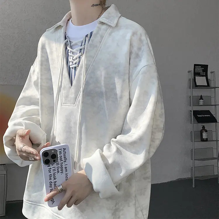 Threebooy Collar Sweatshirt Mens Layered V Neck Pullover Fake Two Piece Streetwear Casual Hoodie Jacket Fall 2025 New Tie Dye Design