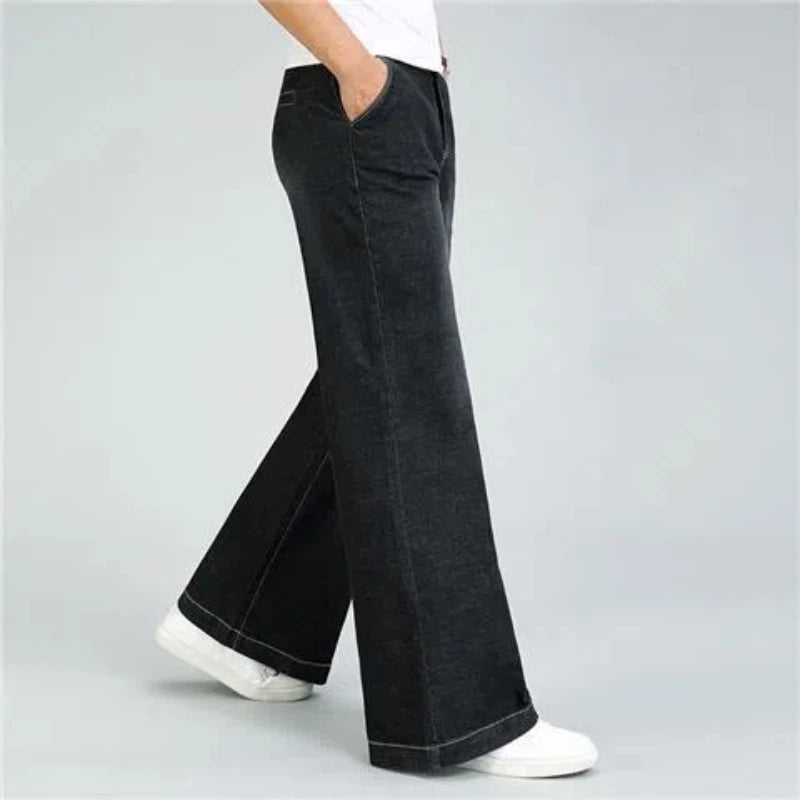 Threebooy  Autumn Winter New High Street Men Thick High Waist Flare Jeans Loose Washed Comfortable All-match Elastic Jeans Straight Pants