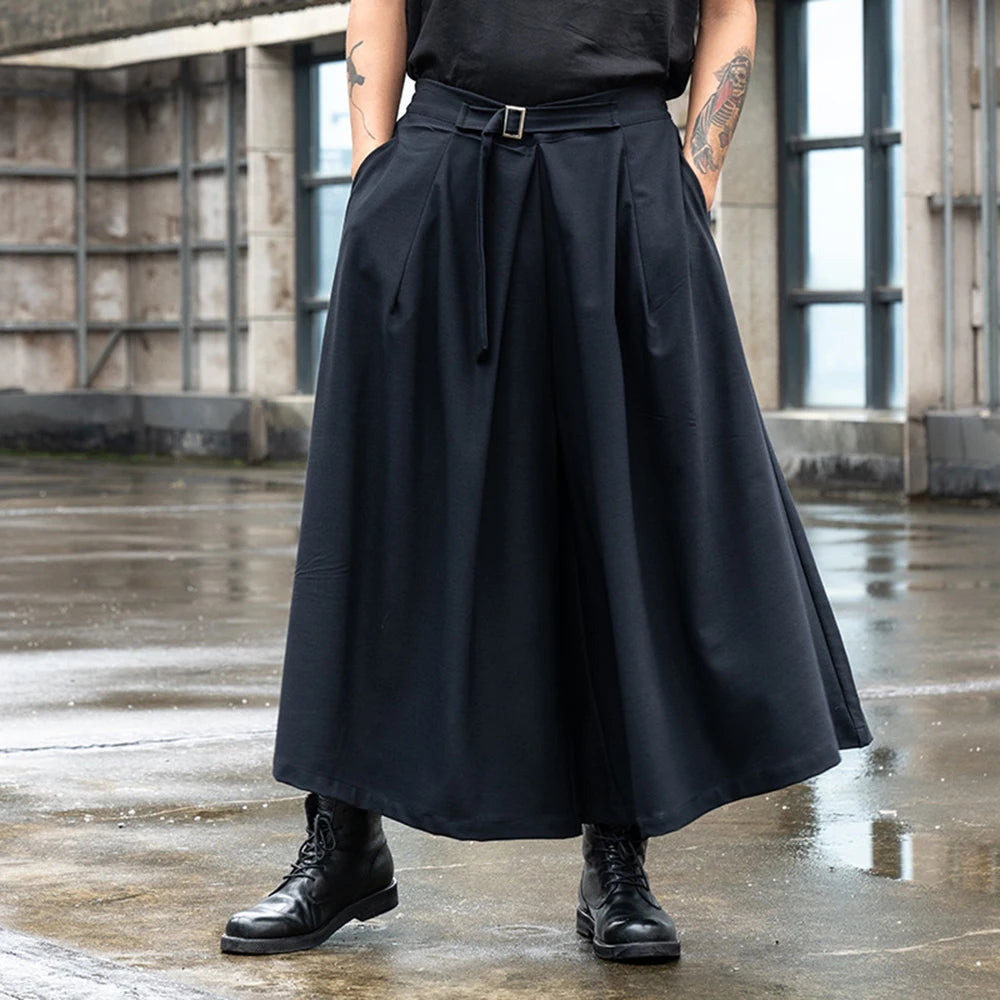 Threebooy Japanese Streetwear Baggy Fashion Casual Wide Leg Pants Men Punk Hip Hop Skirt Pants Black Harem Trousers Men's Culottes Unisex