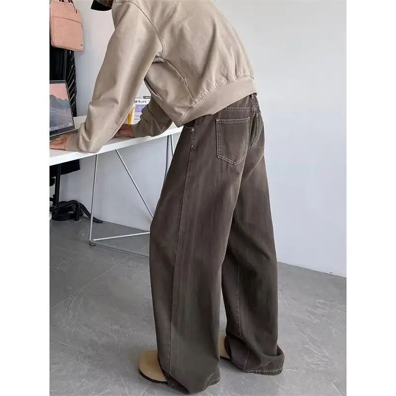 Threebooy  Y2k Brown Man Wide Pants Women Streetwear Denim Baggy Pants Loose Straight Work Wear Trousers Vintage Curved Jeans Pants