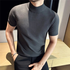 Threebooy  Autumn Winter Solid Color Semi High Neck Sweater Men's Slim Fit Knitted Short Sleeved Casual T-shirt Business Base Pullover