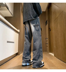 Threebooy Autumn jeans men New Fashion Side Zipper Casual Jean Pants Men High Street Loose Straight Pant Mens Vintage All-match Trousers