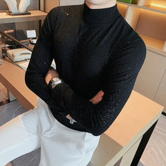 Threebooy  Brand Clothing Men Spring High Quality Turtleneck Pullover T-Shirts/Male Slim Fit Sequins Decoration Long Sleeve T-Shirts