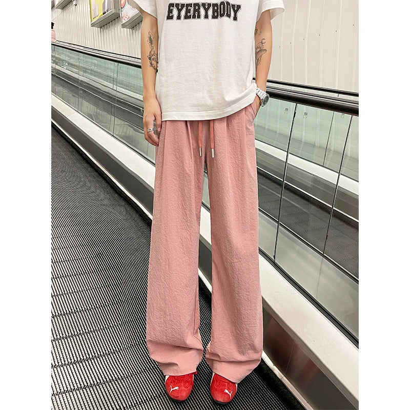 Threebooy Summer Pink Thin Pants Men Fashion Black Casual Pants Men Streetwear Hip-hop Loose Wide Leg Pants Mens Ice Silk Trousers